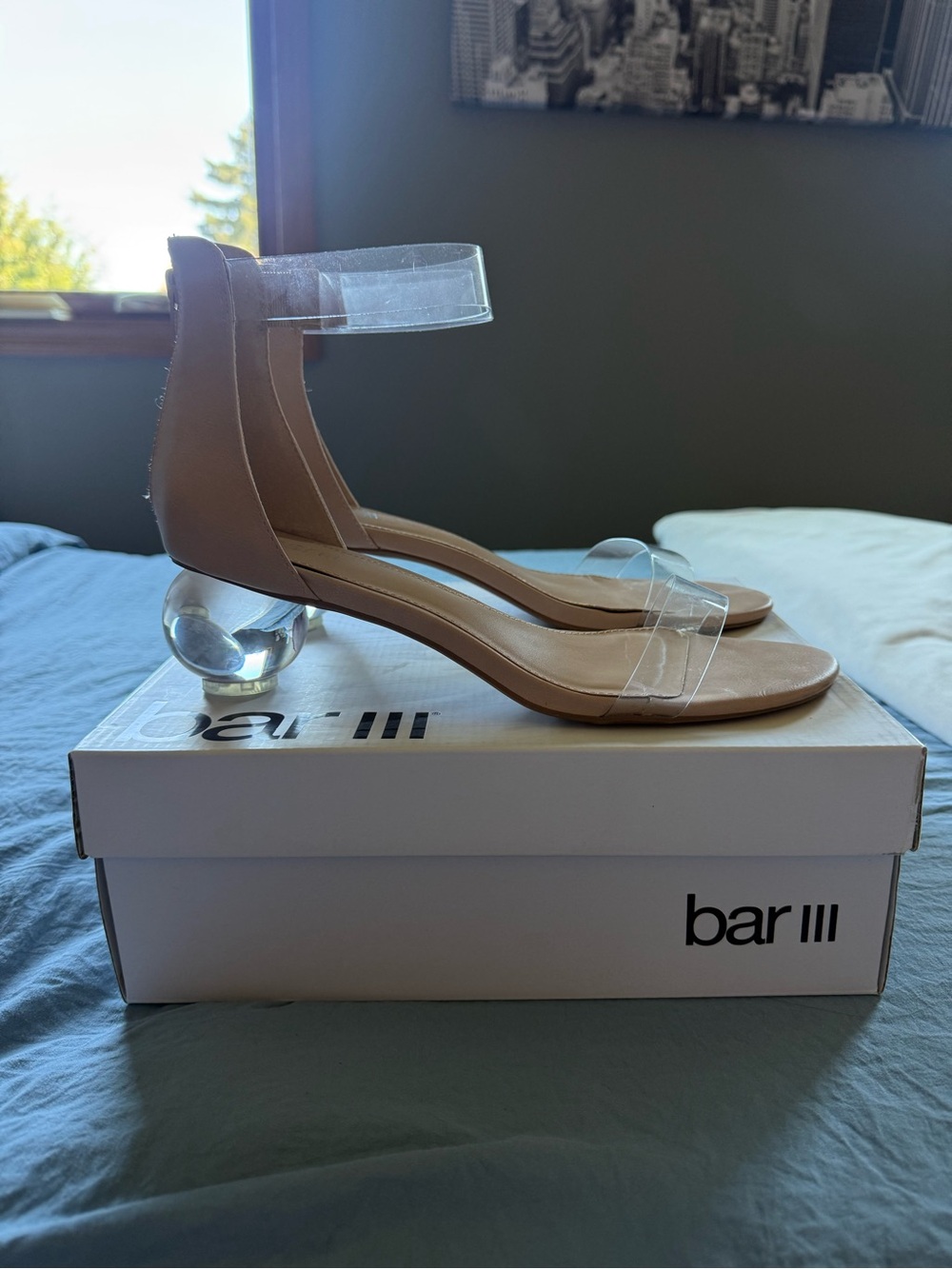 Bar III Nude Sandals with Clear Orb Heel